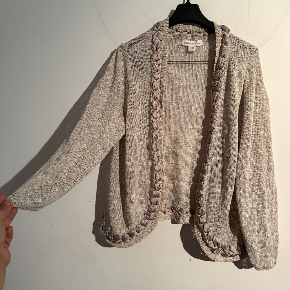 Coldwater Creek 1X Crop Cardigan Ribbon Trim Linen‎ Blend Minimalist Coastal